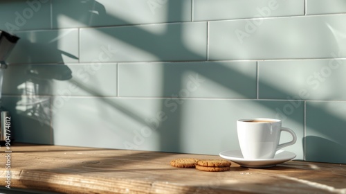 Cozy Cafe Scene with Coffee Cup and Cookies on Wooden Counter in Sunlit Modern Interior