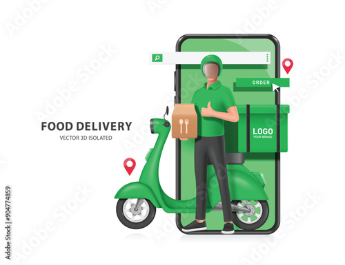 male food delivery man in an green uniform is holding food paper bag in front of scooter or motorcycle and smartphone, vector 3d isolated on white background for delivery advertising design