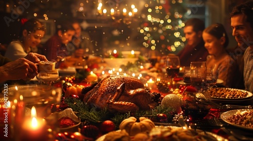 Obraz na płótnie Family, Children, Friends and Young Couples Gather at Home for a Festive Christmas Evening. Diverse People Enjoy Delicious Turkey Feast and Share Heartwarming Conversations. Cozy, Generative AI w salonie