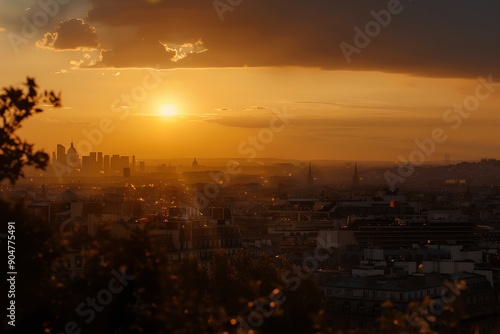 Aerial view of Paris at sunset