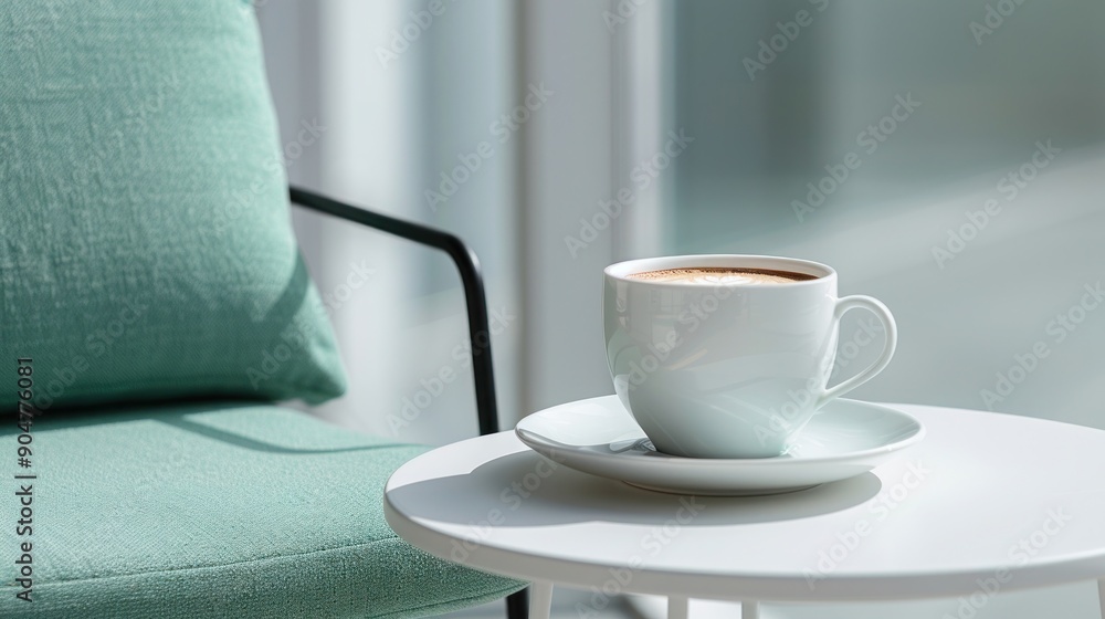 Cozy Morning Coffee in a White Cup on a Modern Minimalist Table by a Comfortable Green Chair Cozy Morning Coffee in a White Cup on a Modern Minimalist Table by a Comfortable Green Chair