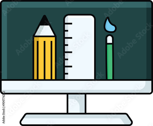 colorful monitor and stationery icon design illustration
