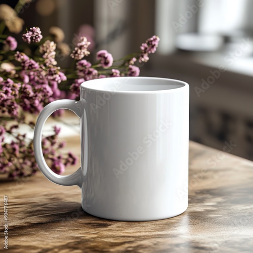 mug mockup, taza blanca sobre una mesa vista 