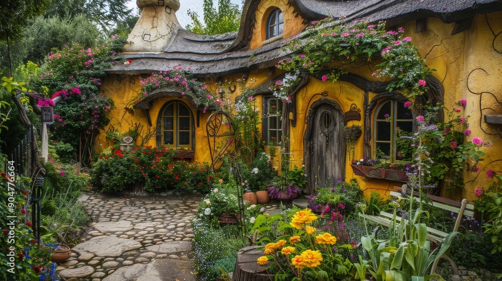 Imagine a whimsical fairy-tale house with a thatched roof, curved doorways, and colorful stained-glass windows. Imagine a whimsical fairy-tale house with a thatched roof, curved doorways, and colorful stained-glass windows.
