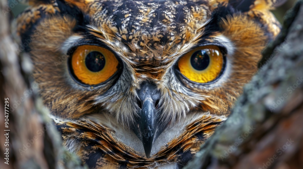 Owl peeking through tree bark Owl peeking through tree bark