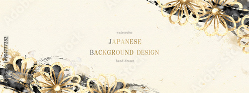 花, 金色, 金箔, 和, 年賀状, 筆, 筆書き, 背景, フレーム, ベクター, 水彩, 手描き, イラスト
