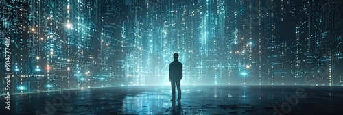 Man standing before digital rain photo