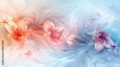 Pink and white blossoms dance in a swirling dreamscape of pastel hues, creating an ethereal and captivating abstract floral art piece. 