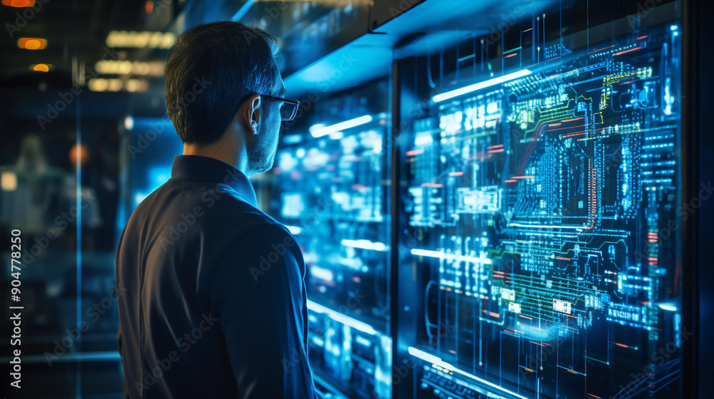 IT Specialist, software engineer working with AI and data analysis, data center as background. AI technology, autimatic solution for database management, data engineering, technology background. IT Specialist, software engineer working with AI and data analysis, data center as background. AI technology, autimatic solution for database management, data engineering, technology background.