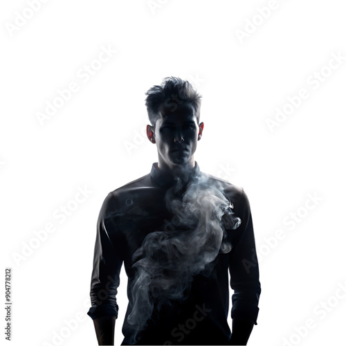 backlight silhouette of a man in the smoke on transparent background