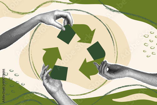 Fashionable halftone collage. Recycling concept, arrow symbol, people team. Successful strategy.