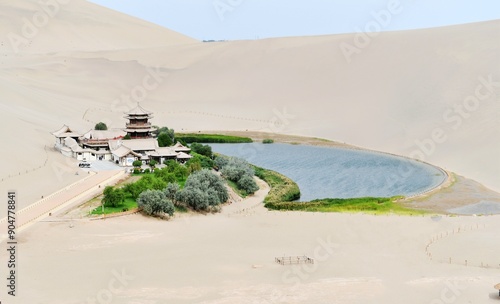Photo of the famous Crescent Spring scenic spot in the desert of Dunhuang, Gansu Province, China