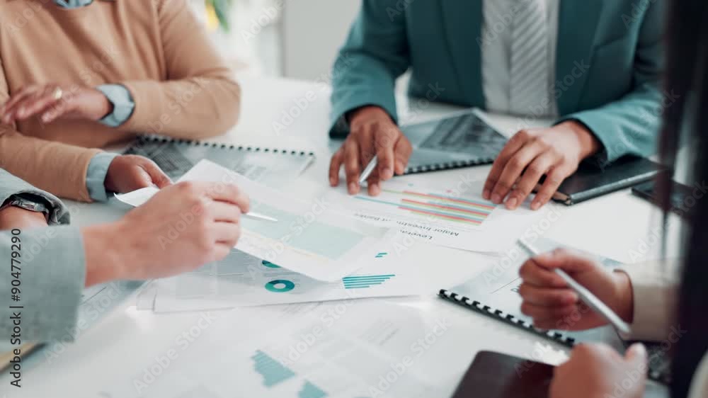 Business people, hands and meeting with documents for analytics, corporate growth or statistics at office. Group of employees in team discussion with paperwork for company analysis at workplace Business people, hands and meeting with documents for analytics, corporate growth or statistics at office. Group of employees in team discussion with paperwork for company analysis at workplace