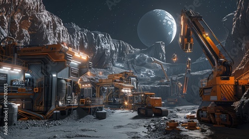 Fototapeta Naklejka Na Ścianę i Meble -  Futuristic Space Mining Station on Distant Moon