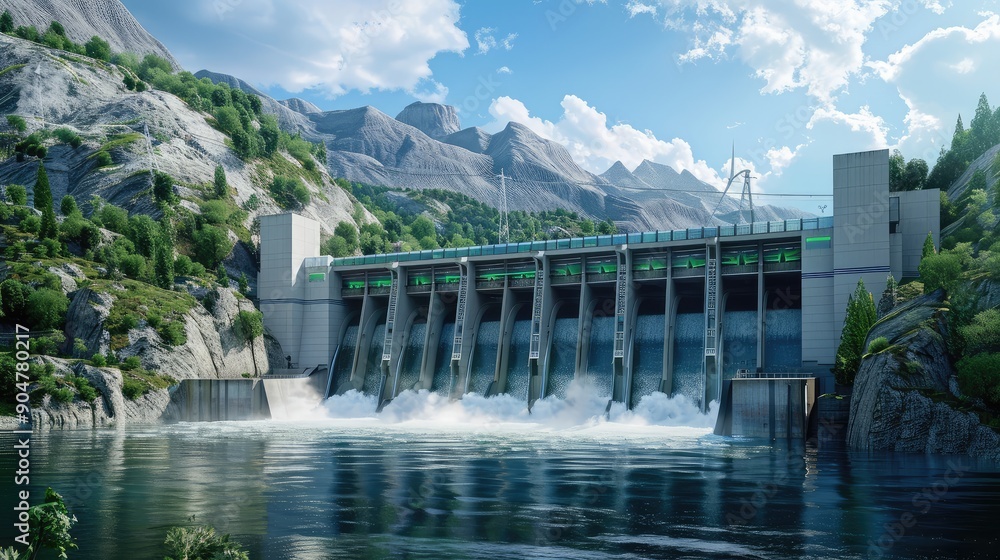 Modern Hydroelectric Dam in Mountainous Landscape Modern Hydroelectric Dam in Mountainous Landscape