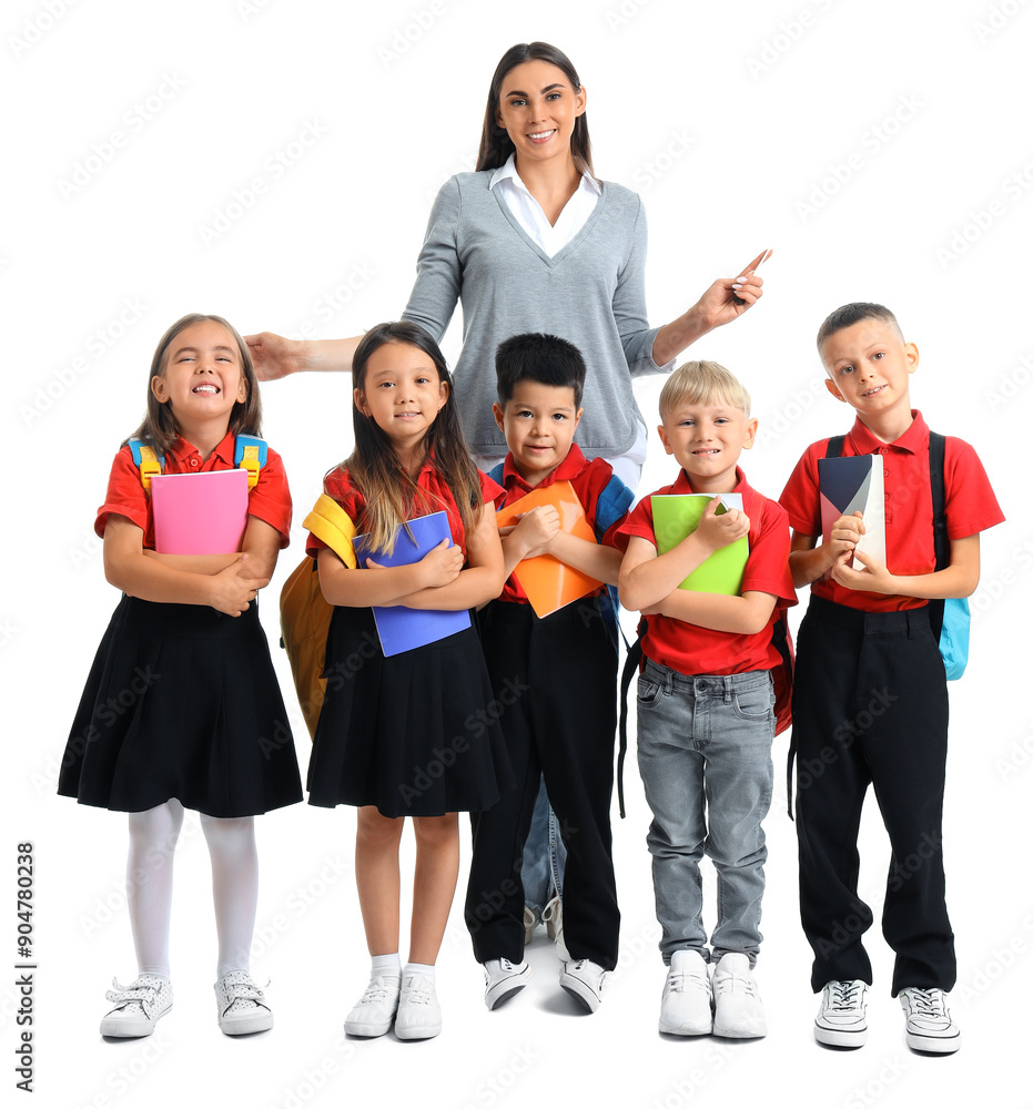 Little school children with female teacher on white background Little school children with female teacher on white background