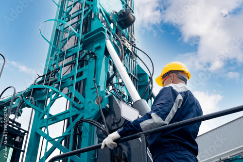 Schilderij op canvas Industry operator use computer tablet for control drilling rig offshore