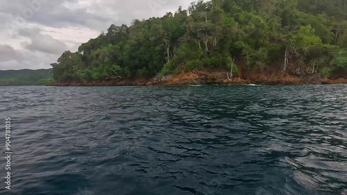 Seascape from moving boat during bad weather. Fish and fishery concept.