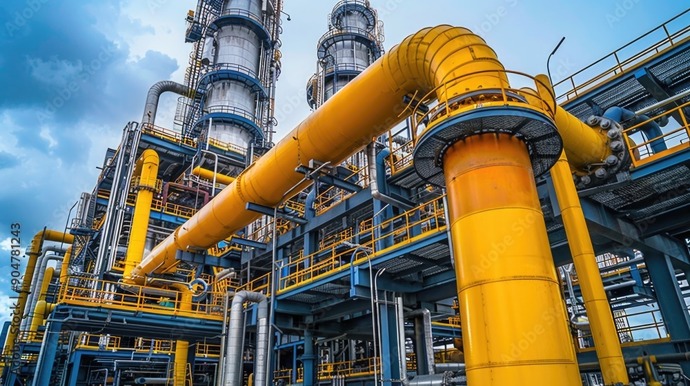 Close up of yellow pipes in industrial facility Close up of yellow pipes in industrial facility