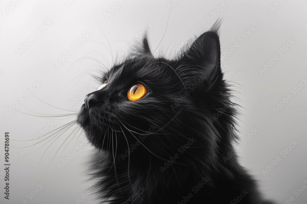 A dark feline with golden eyes perches on a blank canvas, its gaze inquisitive and attentive. A dark feline with golden eyes perches on a blank canvas, its gaze inquisitive and attentive.