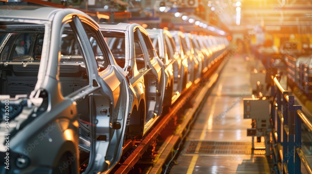 Modern Car Assembly Line at Sunset Modern Car Assembly Line at Sunset