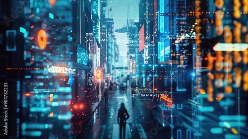 Futuristic Urban Scene with Digital Overlay