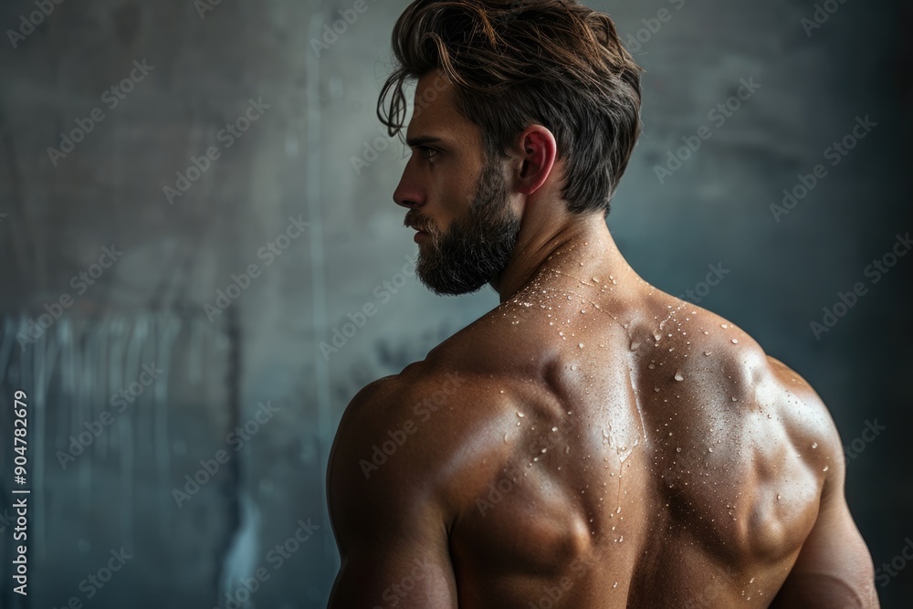 Fototapeta premium Athletic Man with Muscular Back and Bearded Profile Sweating Post Workout