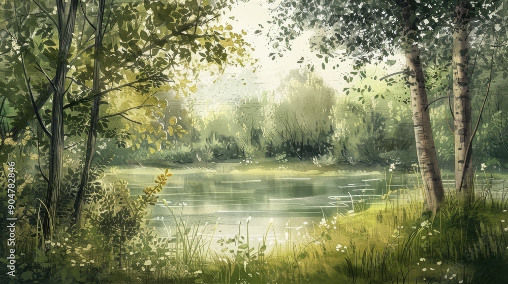 Serene Forest Landscape with Trees and a Calm River Serene Forest Landscape with Trees and a Calm River