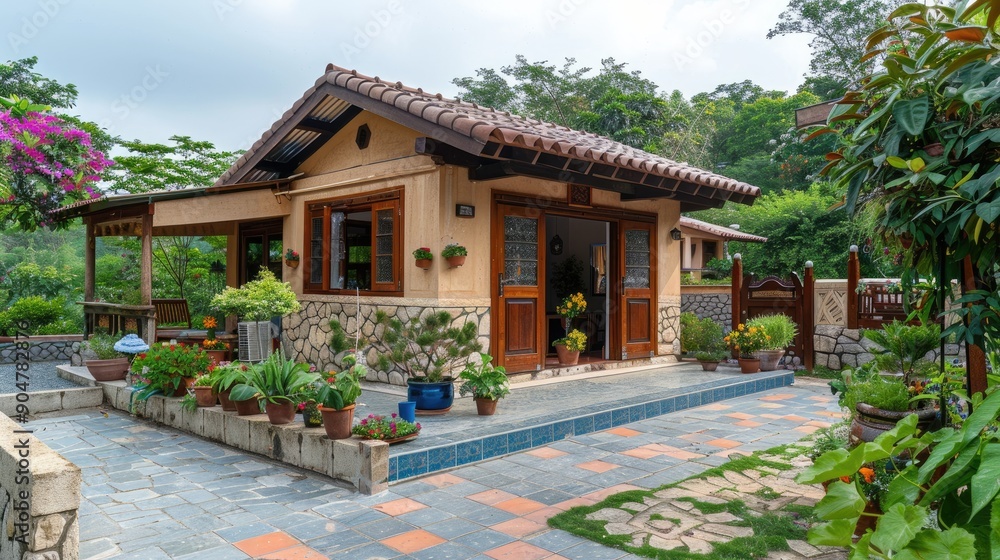 Fototapeta premium Charming cottage with garden and tiled patio area.