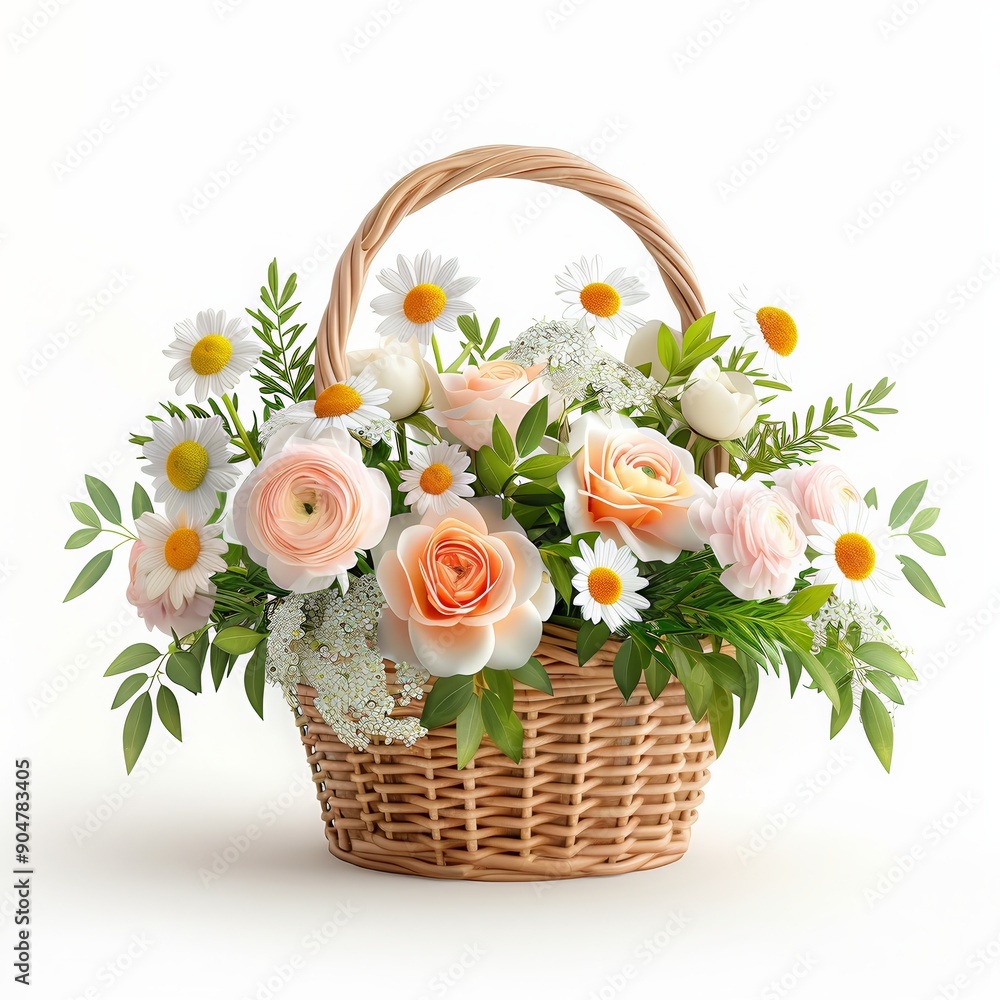 Elegant wicker basket filled with vibrant, fresh flowers including white daisies and peach roses, perfect for any special occasion or decor. Elegant wicker basket filled with vibrant, fresh flowers including white daisies and peach roses, perfect for any special occasion or decor.