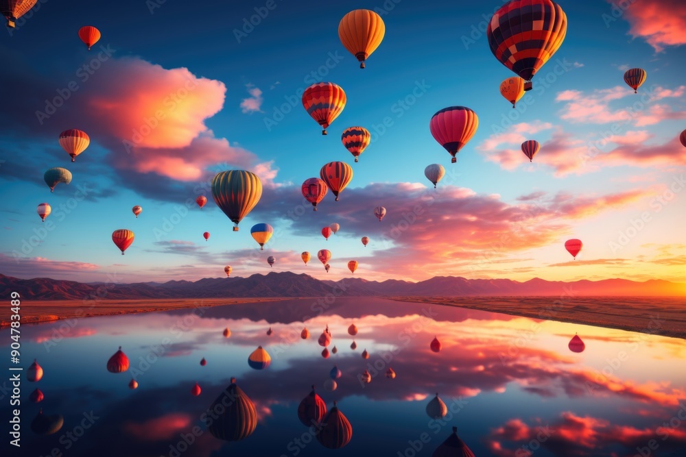 Obraz premium Hot air balloons over lake at sunset
