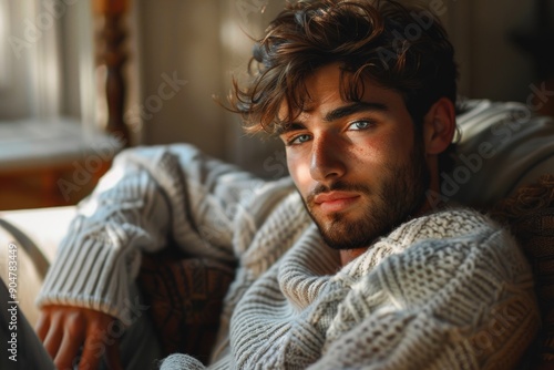 Pensive Young Man in Cozy Sweater Sitting Indoors with Sunlight Streaming Through Window