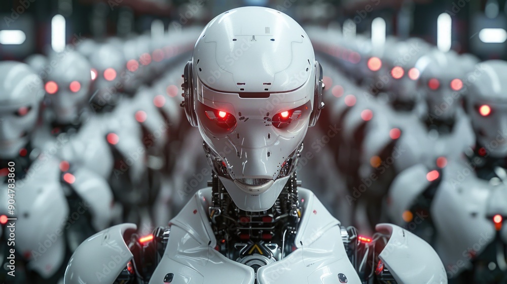 White robot with red eyes stands among other robots in a factory White robot with red eyes stands among other robots in a factory