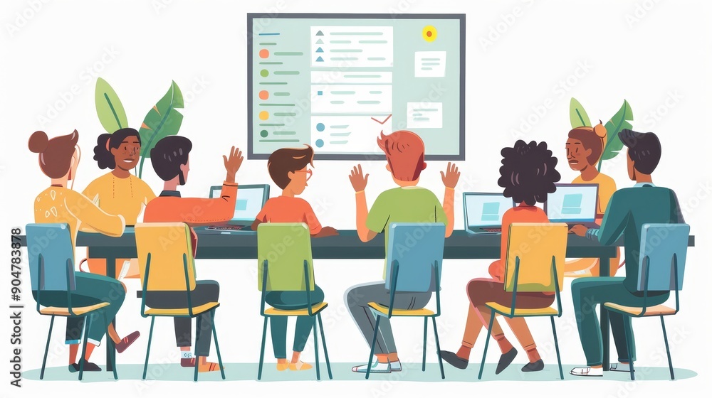 Teacher Giving Computer Science Lecture to Diverse Multiethnic Group of Female and Male Classmates in a College Room. Student Raises Hand and Answers a Question About Software, Generative AI