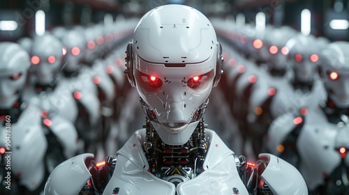 White robot with red eyes stands among other robots in a factory