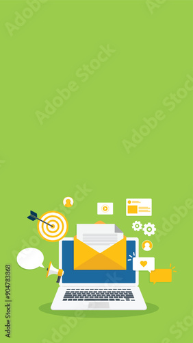 Digital email marketing. Reaching online audience with email marketing campaign, newsletter subscription. Sending marketing messages via email. Vector illustration	