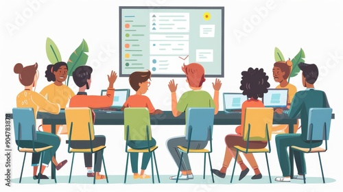 Obraz na płótnie Teacher Giving Computer Science Lecture to Diverse Multiethnic Group of Female and Male Classmates in a College Room. Student Raises Hand and Answers a Question About Software, Generative AI w salonie