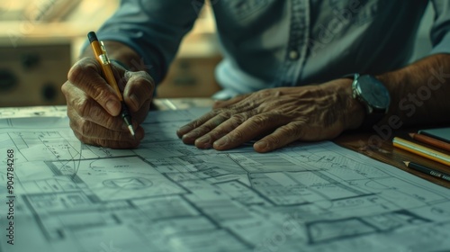 Architect drawing plans on blueprint