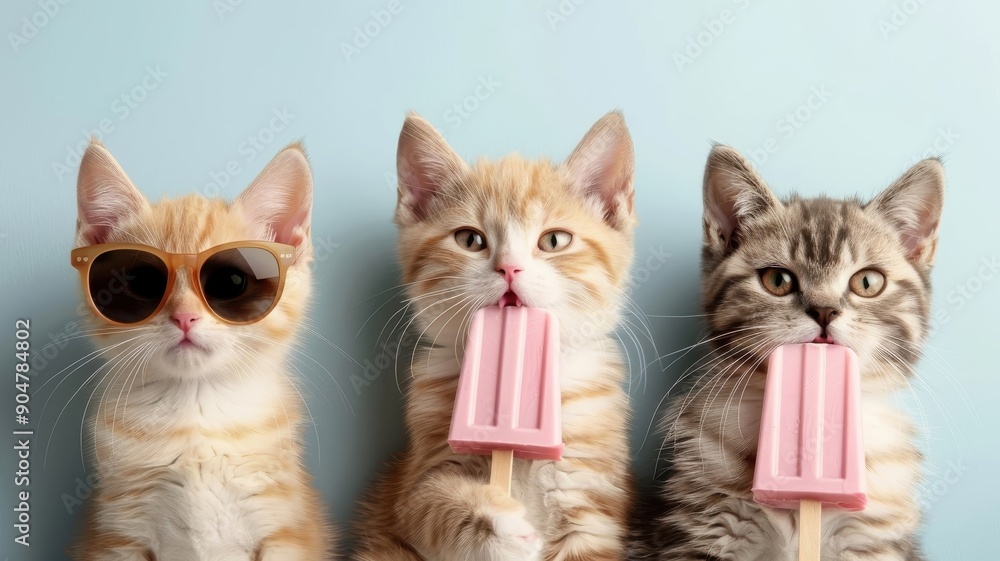 Three kittens wearing sunglasses enjoy a popsicle on a hot summer day. Three kittens wearing sunglasses enjoy a popsicle on a hot summer day.