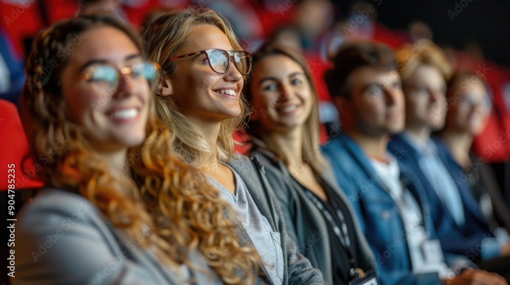 Smiling audience members at the movie theater Smiling audience members at the movie theater