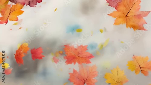 Watercolor-painted autumn leaves swept by the wind, flying past the camera in a colorful display.