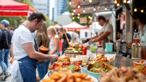 Fototapeta Naklejka Na Ścianę i Meble -  A food truck festival with people enjoying various cuisines