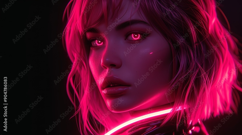 beautiful woman with neon pink bob hair with glowing lines beautiful woman with neon pink bob hair with glowing lines