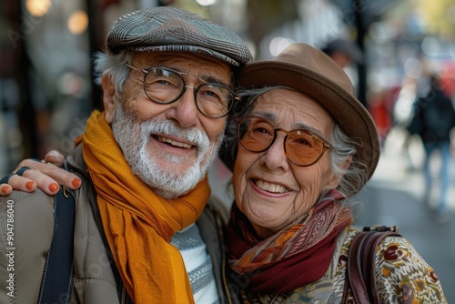 Smiling couple taking selfie on city street