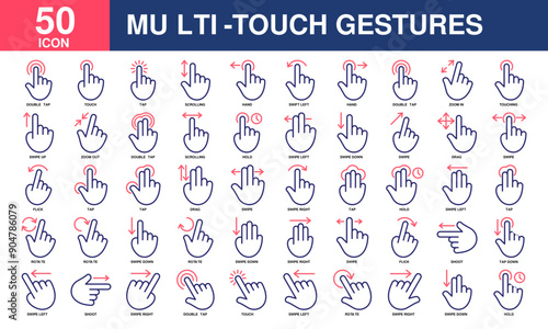 Multi-Touch Gestures icon collection set. Simple line color vector.