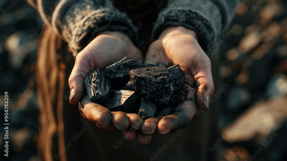 black coal in two hands of a man black coal in two hands of a man
