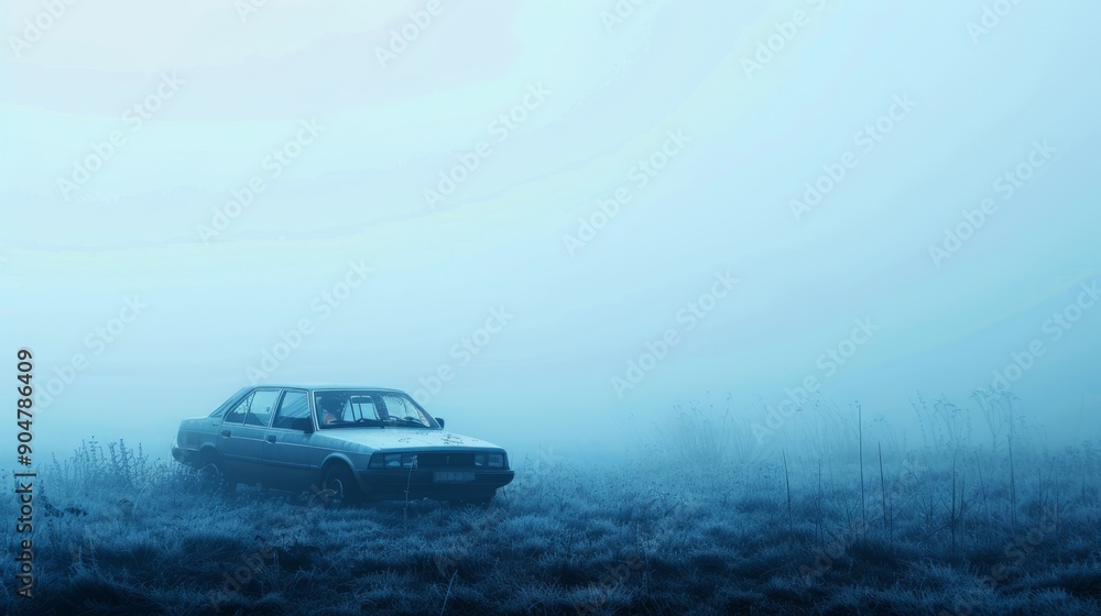 Fototapeta premium cinematic scene of car in the foggy field
