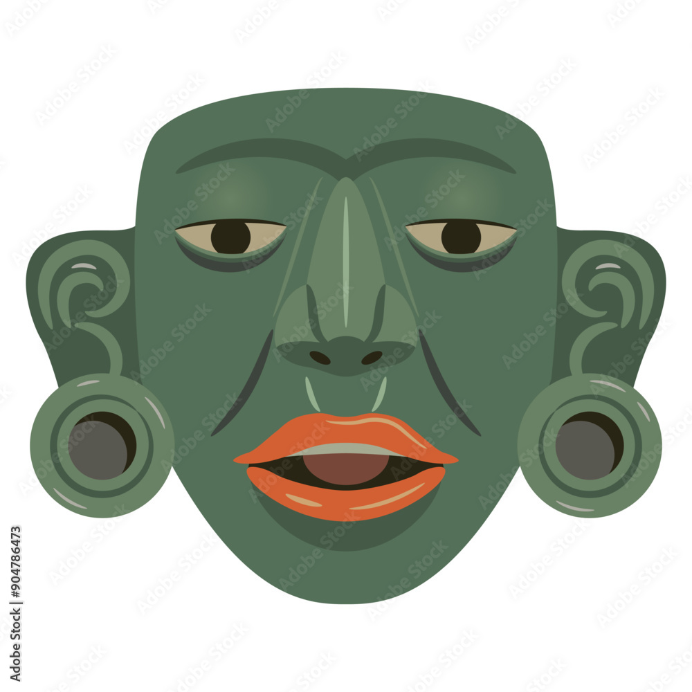 Pre-Columbian Native American jade mask of Maya Indians. Ethnic Indigenous art. Green human head with red lips. Isolated on white background. Pre-Columbian Native American jade mask of Maya Indians. Ethnic Indigenous art. Green human head with red lips. Isolated on white background.