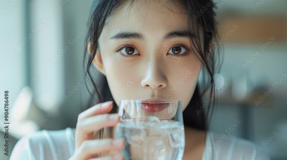 beautiful young asian woman holding a glass of water to drink close up beautiful young asian woman holding a glass of water to drink close up