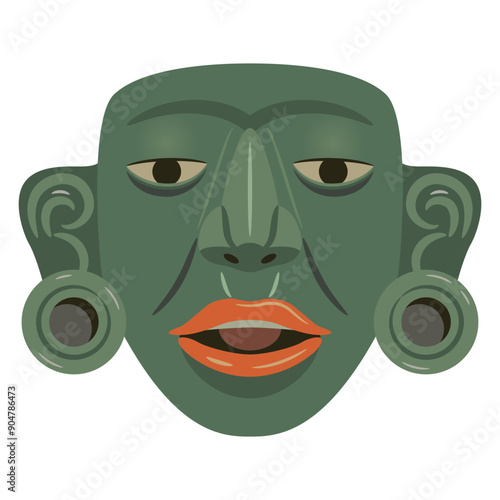 Pre-Columbian Native American jade mask of Maya Indians. Ethnic Indigenous art. Green human head with red lips. Isolated on white background.